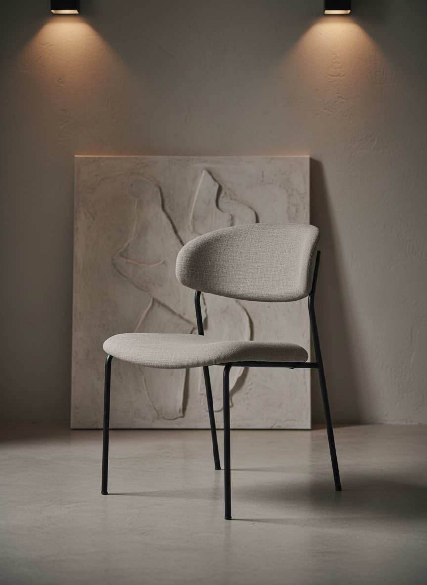 A sophisticated side chair with a slender matte black steel frame, supporting a delicately curved high-density linen seat in a refined greige shade. The chair is positioned off-center in a minimalist room adorned only with a textured, oversized canvas leaning against a wall finished in a muted plaster tone. Gentle ambient lighting flows from wall-wash sconces, producing soft highlights on the chair’s subtle textures and understated frame. Captured at a three-quarter angle with a shallow depth of field, the image conveys tranquility and exclusivity, emphasizing a balance between minimalism and the artistry of high-end design.