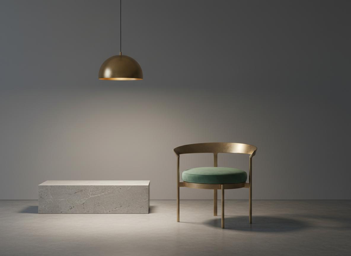 An elegant side chair constructed from hand-brushed brass with a satin matte finish, the seat upholstered in soft, muted emerald velvet. The chair rests beside a low, smooth stone plinth against a backdrop of gradient gray walls, with no additional decor to maintain a clean, uncluttered look. A single overhead pendant emits soft, warm illumination, casting nuanced shadows and creating a halo-like effect on the chair’s refined contours. Photographed from a slightly elevated angle and framed with rule-of-thirds precision, the mood is tasteful and elevated, embodying a minimalist yet luxurious photographic aesthetic perfectly suited for art collectors seeking something unique.