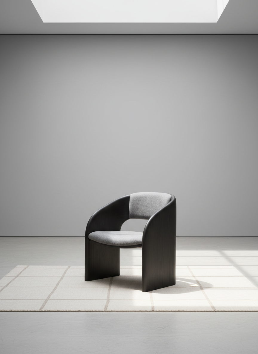 A sculptural side chair crafted from smooth, deep charcoal ash wood, featuring a single flowing curve as its backrest. The upholstery is a subtle dove-gray wool with a gentle matte texture and seamless edges. The chair is centered in a spacious gallery setting, placed on a pale concrete floor with only a faint geometric rug beneath, and the background is elegantly minimalist, with soft gray walls. Diffused natural light spills in from an unseen skylight, creating gentle highlights and soft shadows that accentuate the chair’s sculptural lines. Captured at eye-level in a centered composition, the overall atmosphere is sophisticated and serene, with photographic realism and minimalist styling to highlight the chair’s distinctive craftsmanship and exclusive allure.