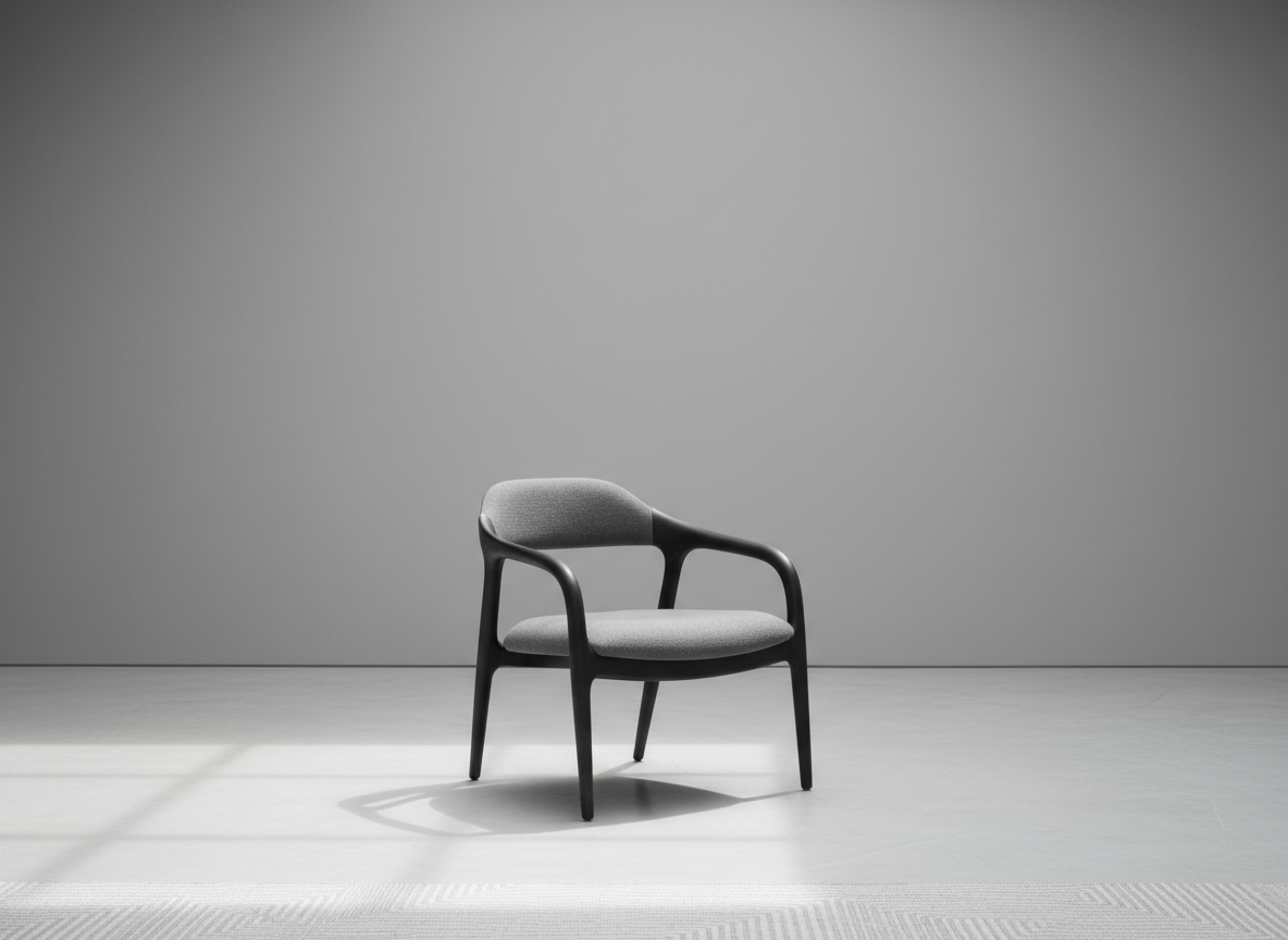 A sculptural side chair crafted from smooth, deep charcoal ash wood, featuring a single flowing curve as its backrest. The upholstery is a subtle dove-gray wool with a gentle matte texture and seamless edges. The chair is centered in a spacious gallery setting, placed on a pale concrete floor with only a faint geometric rug beneath, and the background is elegantly minimalist, with soft gray walls. Diffused natural light spills in from an unseen skylight, creating gentle highlights and soft shadows that accentuate the chair’s sculptural lines. Captured at eye-level in a centered composition, the overall atmosphere is sophisticated and serene, with photographic realism and minimalist styling to highlight the chair’s distinctive craftsmanship and exclusive allure.