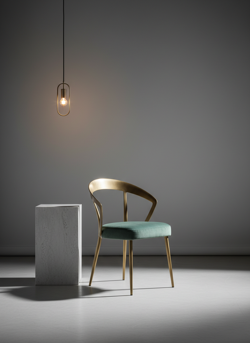 An elegant side chair constructed from hand-brushed brass with a satin matte finish, the seat upholstered in soft, muted emerald velvet. The chair rests beside a low, smooth stone plinth against a backdrop of gradient gray walls, with no additional decor to maintain a clean, uncluttered look. A single overhead pendant emits soft, warm illumination, casting nuanced shadows and creating a halo-like effect on the chair’s refined contours. Photographed from a slightly elevated angle and framed with rule-of-thirds precision, the mood is tasteful and elevated, embodying a minimalist yet luxurious photographic aesthetic perfectly suited for art collectors seeking something unique.