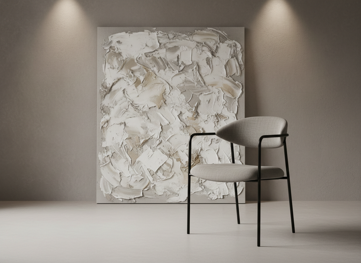 A sophisticated side chair with a slender matte black steel frame, supporting a delicately curved high-density linen seat in a refined greige shade. The chair is positioned off-center in a minimalist room adorned only with a textured, oversized canvas leaning against a wall finished in a muted plaster tone. Gentle ambient lighting flows from wall-wash sconces, producing soft highlights on the chair’s subtle textures and understated frame. Captured at a three-quarter angle with a shallow depth of field, the image conveys tranquility and exclusivity, emphasizing a balance between minimalism and the artistry of high-end design.