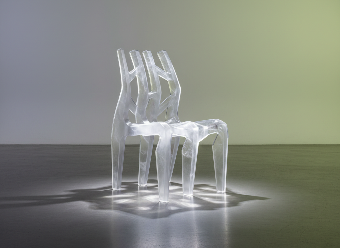A truly unique side chair composed of interlocking frosted acrylic panels, giving it a translucent, ethereal form with faint smoky undertones. The chair is placed on a satin-finished concrete floor against a seamless gradient backdrop shifting from soft dove gray to pale olive. Indirect cool LED lighting accentuates the acrylic’s edges, casting intricate, delicate reflections on the floor. Presented in a centered, square composition from an elevated perspective, the mood is modern and contemplative, achieved through refined details, subtle color transitions, and a minimalist photographic style, embodying contemporary sophistication for discerning art collectors.