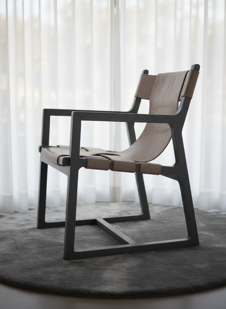 A limited-edition side chair with an architectural oak frame stained in a misted slate hue, featuring tension-wrapped pale taupe leather across its seat and backrest. The chair sits alone atop a velvety gray circular rug, positioned near a softly backlit corner with sheer white drapery. Late afternoon natural light gently filters through the fabric, creating subtle gradients across the leather and wood. The perspective is a low-angle side view with bokeh fading the distant background, ensuring a refined, contemplative mood and an elegant but understated photographic minimalism that draws focus to the chair’s artful silhouette.