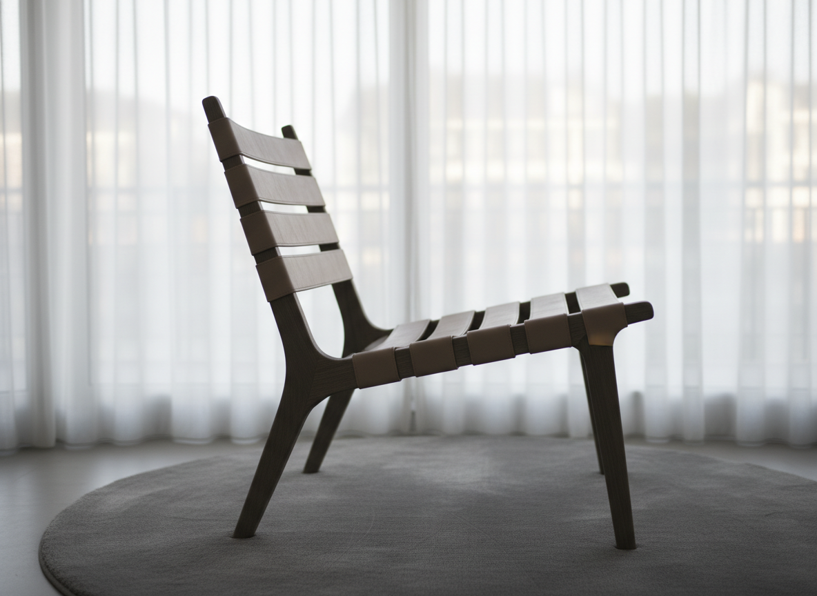 A limited-edition side chair with an architectural oak frame stained in a misted slate hue, featuring tension-wrapped pale taupe leather across its seat and backrest. The chair sits alone atop a velvety gray circular rug, positioned near a softly backlit corner with sheer white drapery. Late afternoon natural light gently filters through the fabric, creating subtle gradients across the leather and wood. The perspective is a low-angle side view with bokeh fading the distant background, ensuring a refined, contemplative mood and an elegant but understated photographic minimalism that draws focus to the chair’s artful silhouette.
